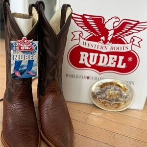 RUDEL Leather Cowboy Boots with Silver and Gold Ornate Belt Buckle